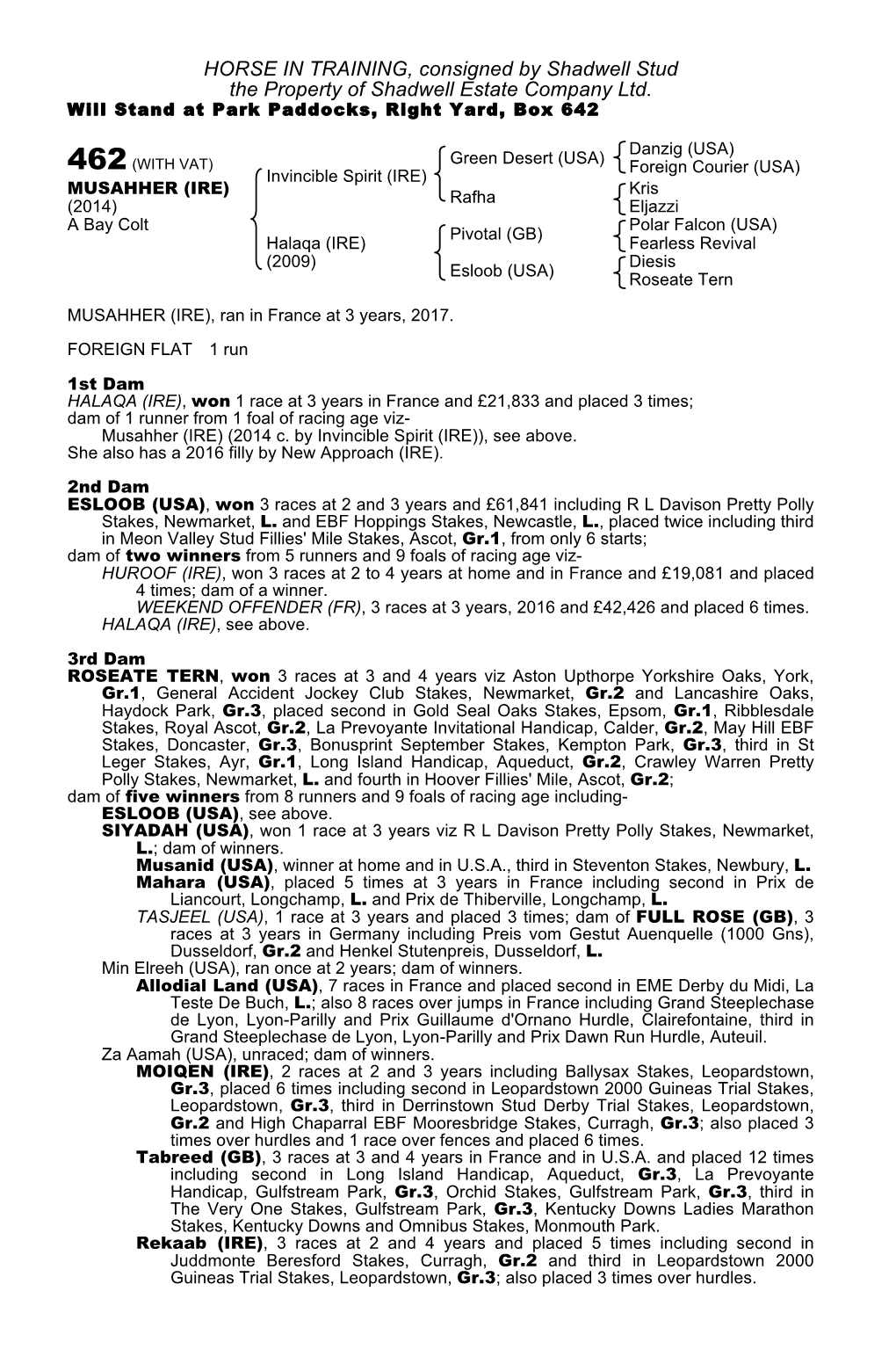 HORSE in TRAINING, Consigned by Shadwell Stud the Property of Shadwell Estate Company Ltd. Will Stand at Park Paddocks, Right Yard, Box 642