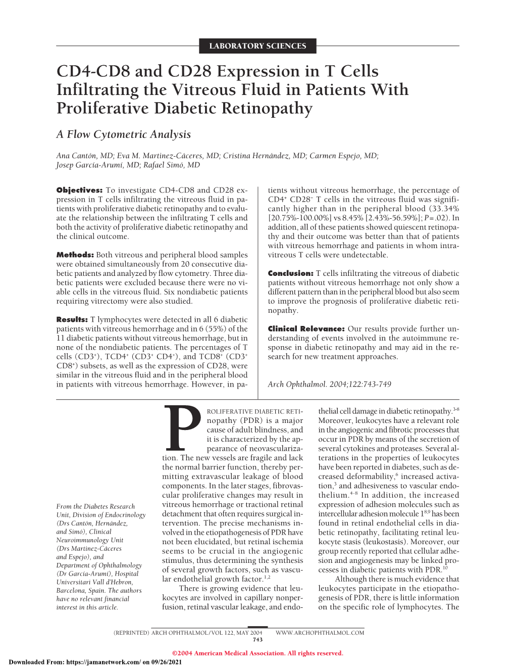 CD4-CD8 and CD28 Expression in T Cells Infiltrating the Vitreous Fluid in Patients with Proliferative Diabetic Retinopathy a Flow Cytometric Analysis