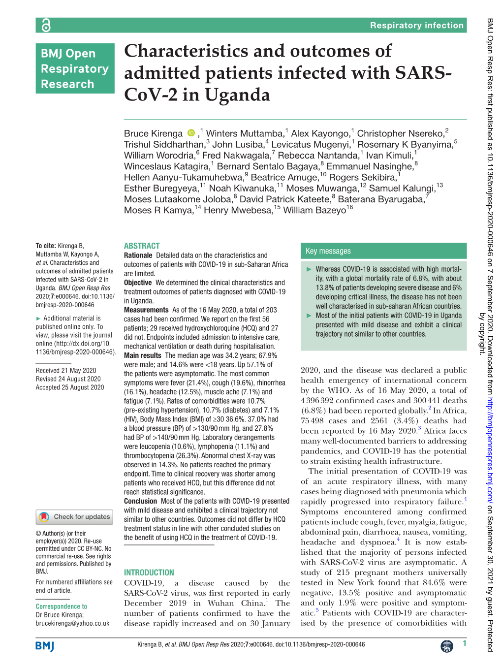 Characteristics and Outcomes of Admitted Patients Infected with SARS-Cov-2 in Uganda