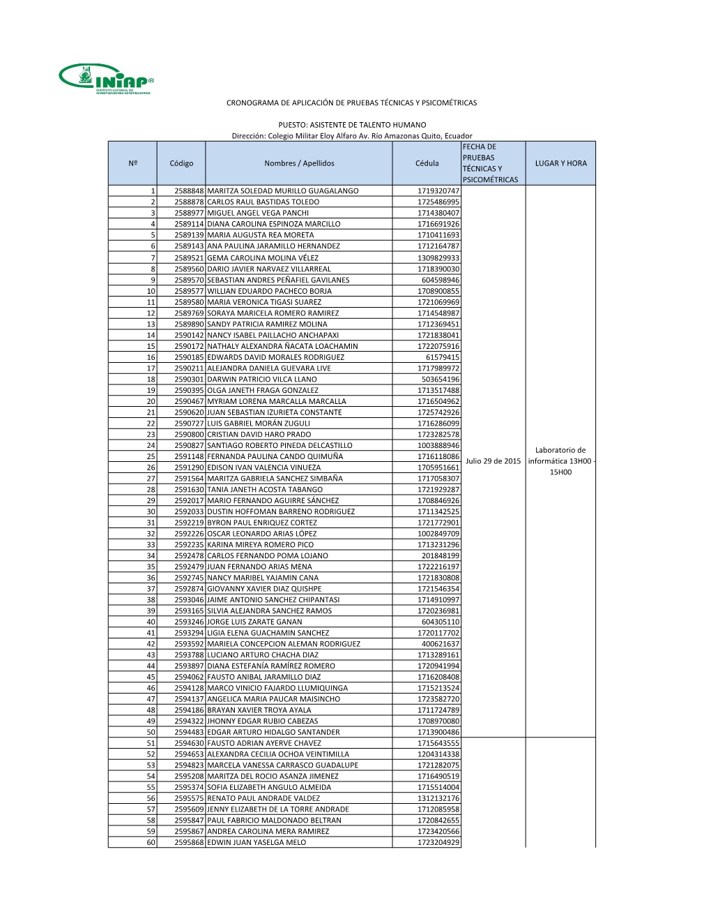 Nº Código Nombres / Apellidos Cédula FECHA DE PRUEBAS