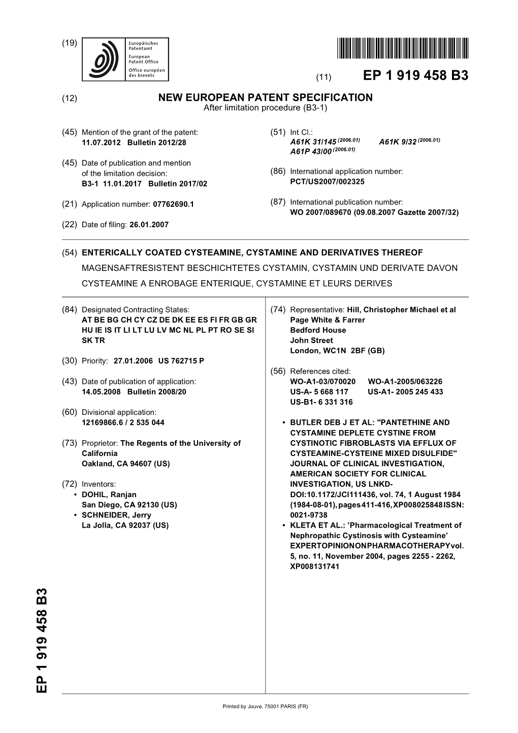 Enterically Coated Cysteamine, Cystamine And