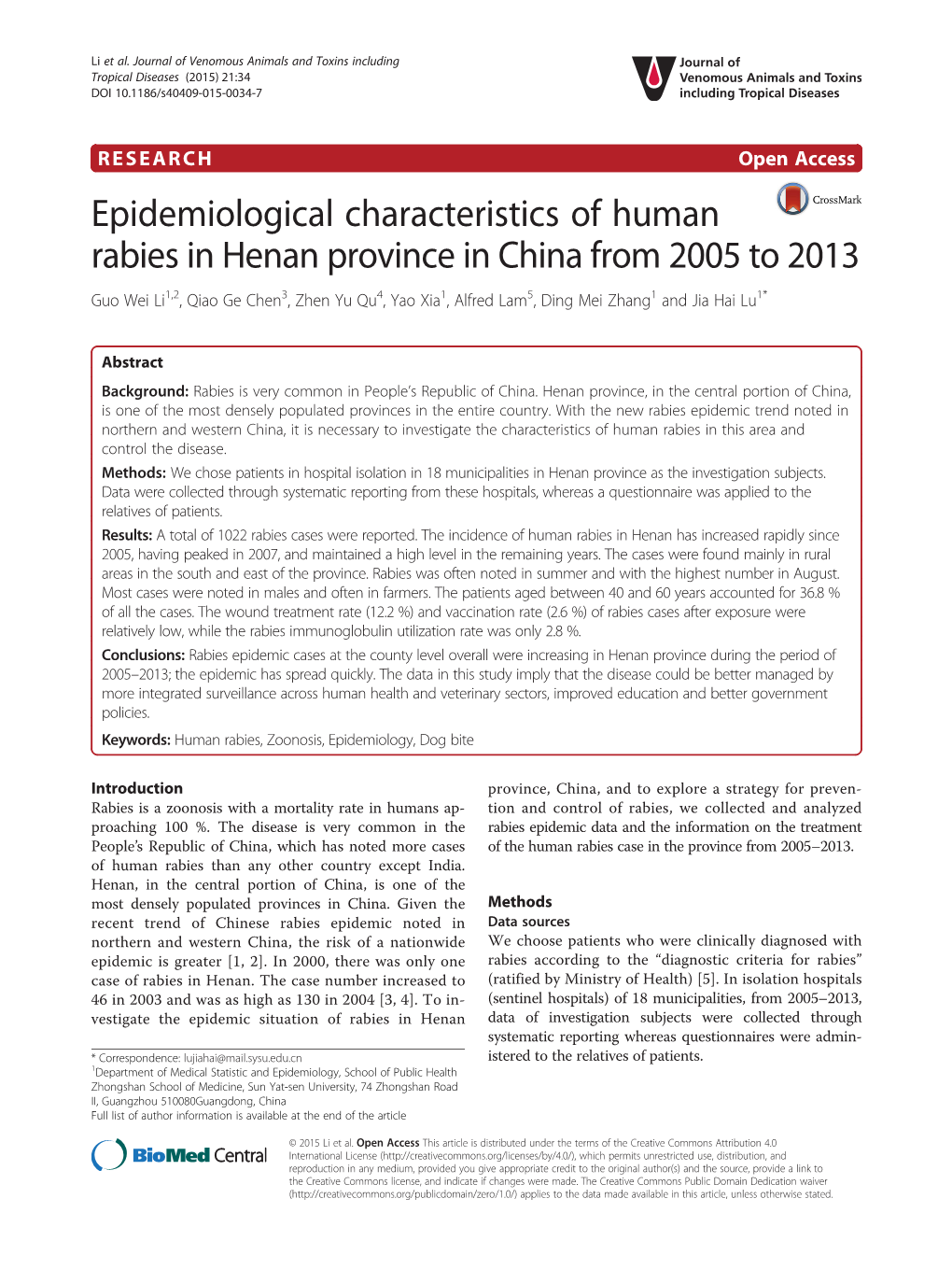 Epidemiological Characteristics of Human Rabies in Henan Province In