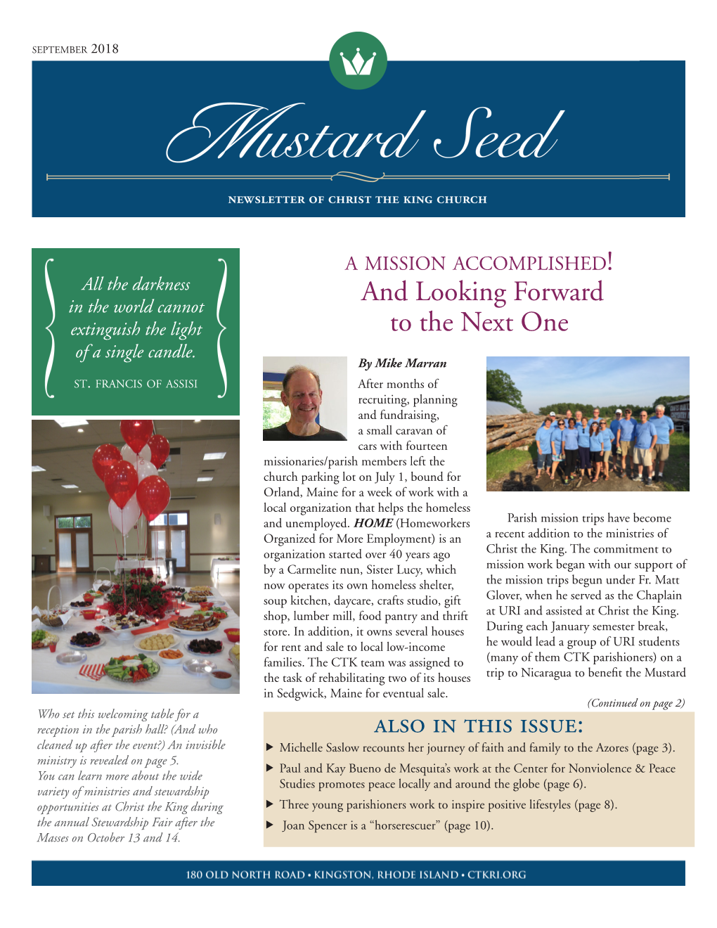 Mustard Seed • September 2018 • Page 2 Our Community of Faith