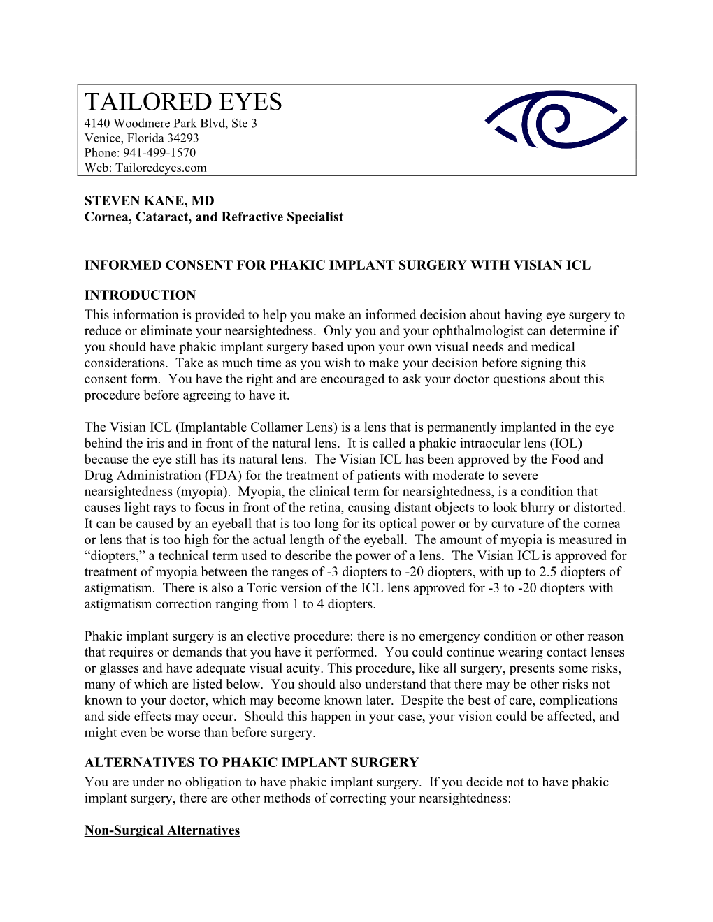 Refractive ICL Phakic Implant Consent