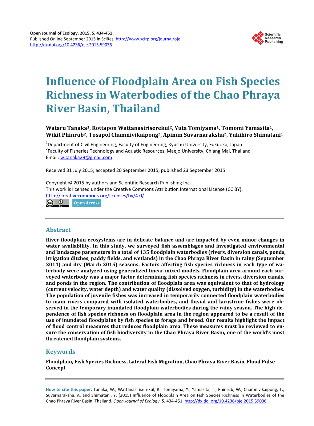 Influence of Floodplain Area on Fish Species Richness in Waterbodies of the Chao Phraya River Basin, Thailand