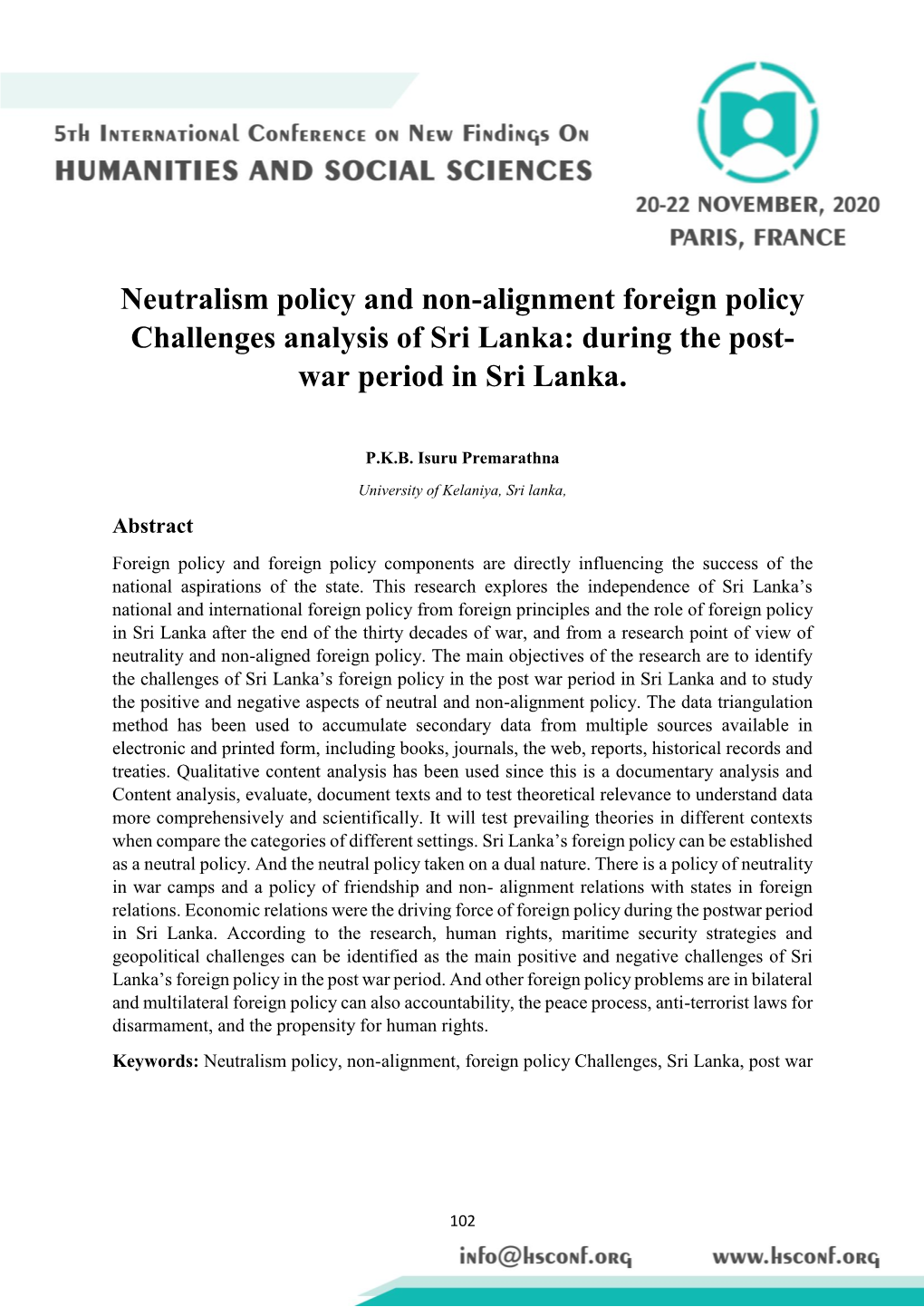 Neutralism Policy and Non-Alignment Foreign Policy Challenges Analysis of Sri Lanka: During the Post- War Period in Sri Lanka