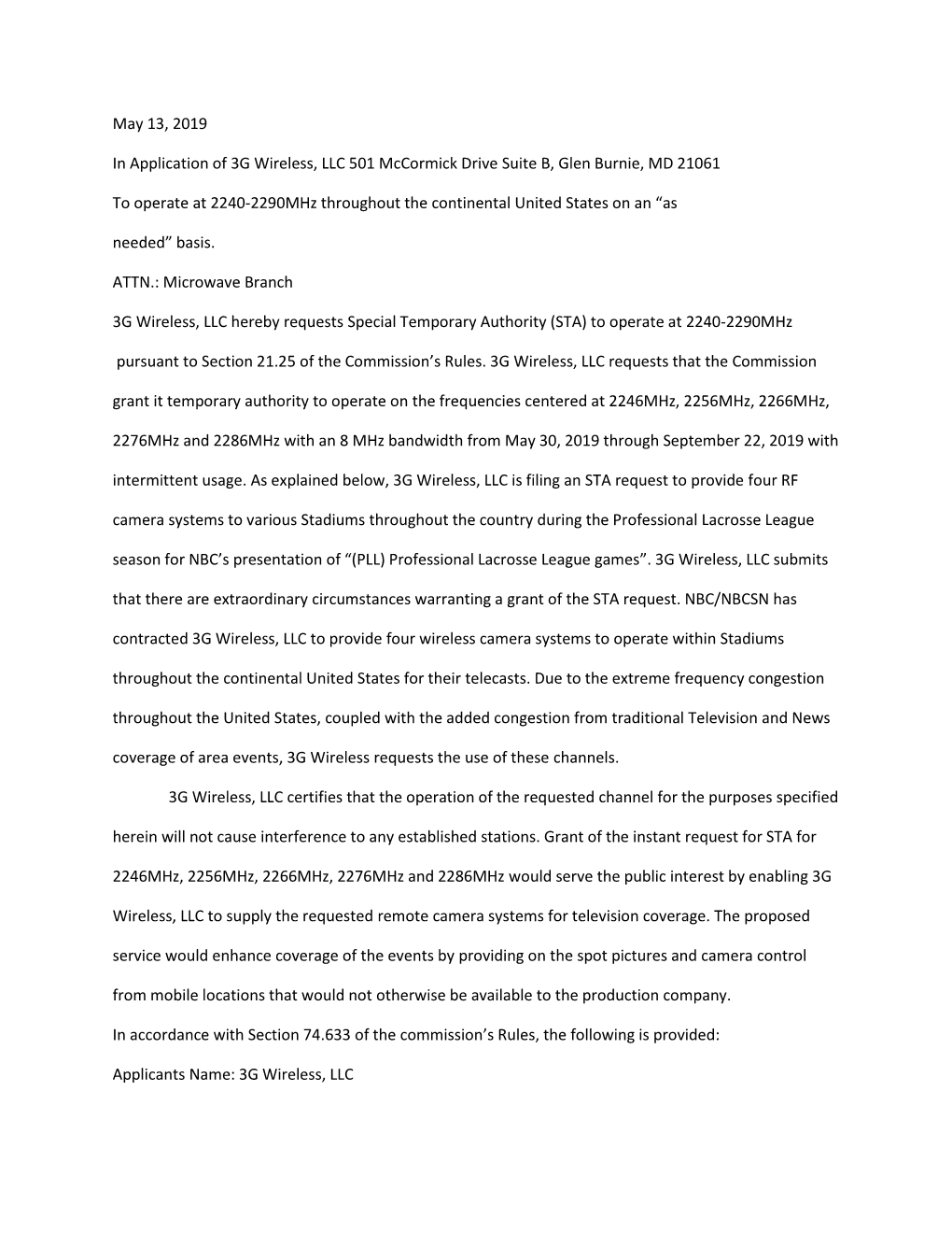 PLL FCC Request 3G Wireless, LLC. FCC ELS Text Documents