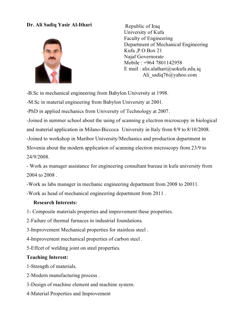 Dr. Ali Sadiq Yasir Al-Ithari -B.Sc in Mechanical Engineering From