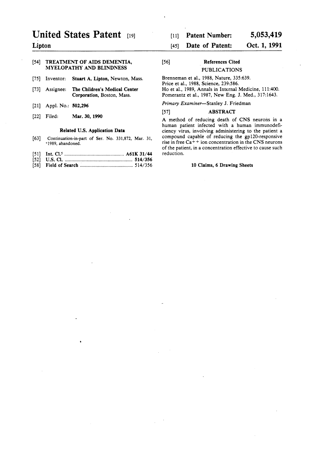 Ulllted States Patent [19] [11] Patent Number: 5,053,419 Lipton [45] Date of Patent: Oct