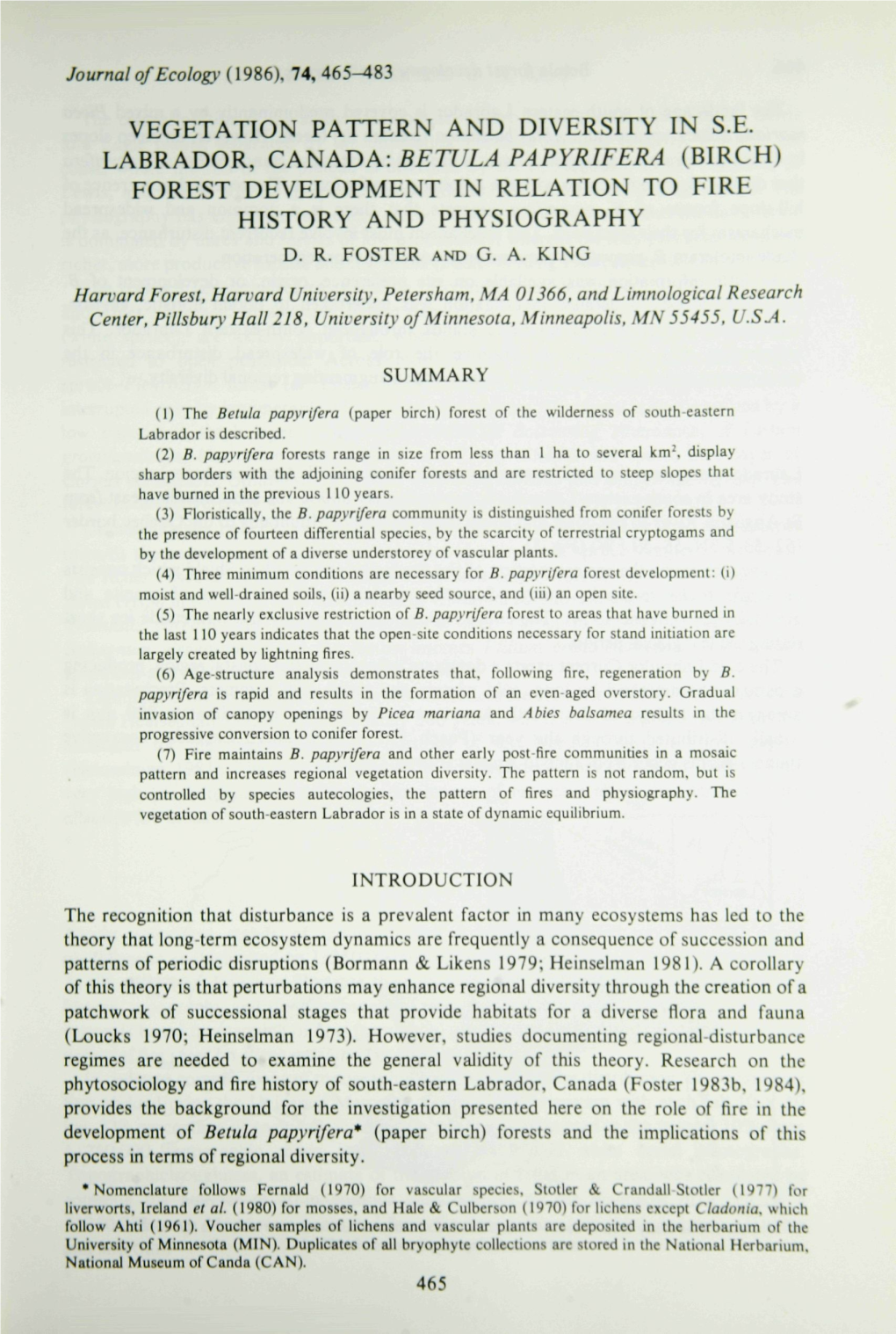 Betula Papyrifera (Birch) Forest Development in Relation to Fire History and Physiography D