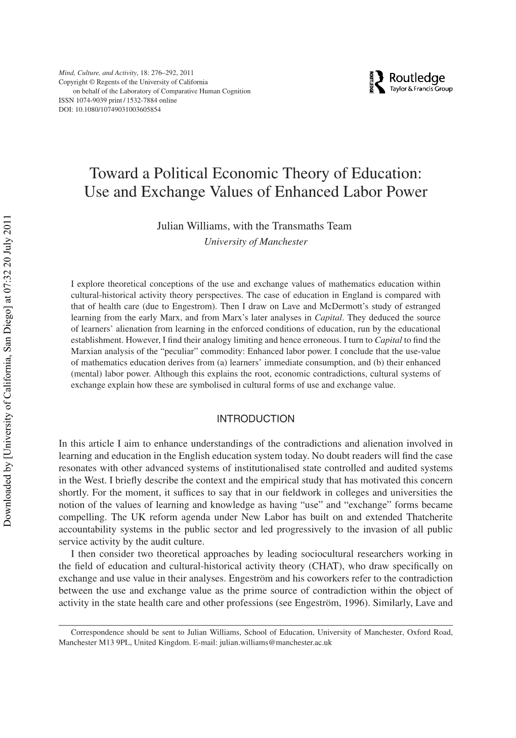 Toward a Political Economic Theory of Education: Use and Exchange Values of Enhanced Labor Power