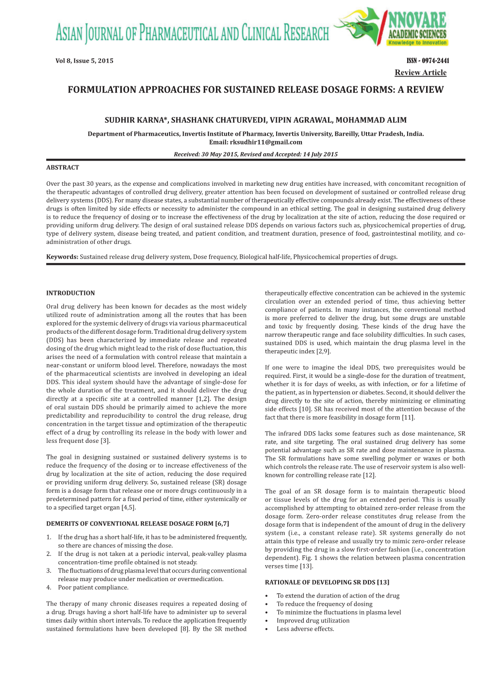 Formulation Approaches for Sustained Release Dosage Forms: a Review