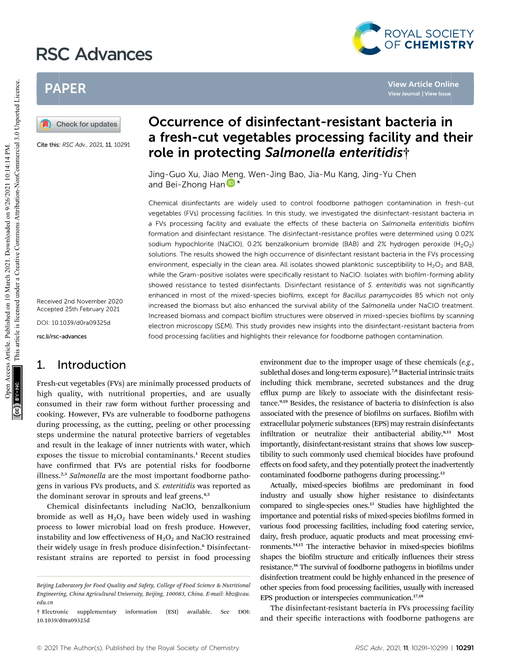 Occurrence of Disinfectant-Resistant Bacteria in a Fresh-Cut Vegetables