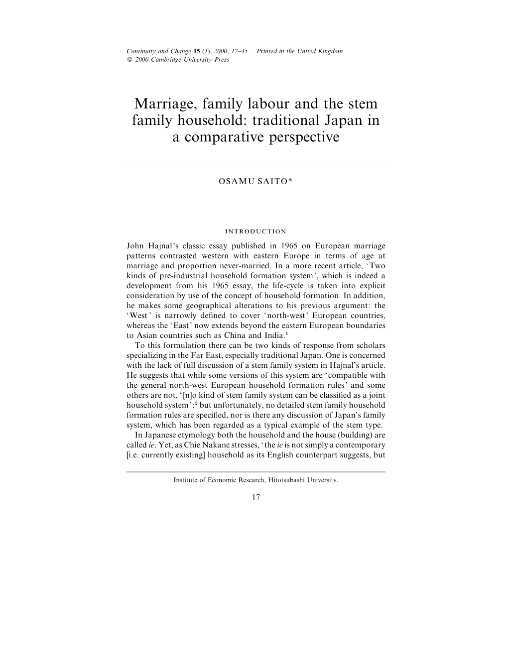 Marriage, Family Labour and the Stem Family Household: Traditional Japan in a Comparative Perspective