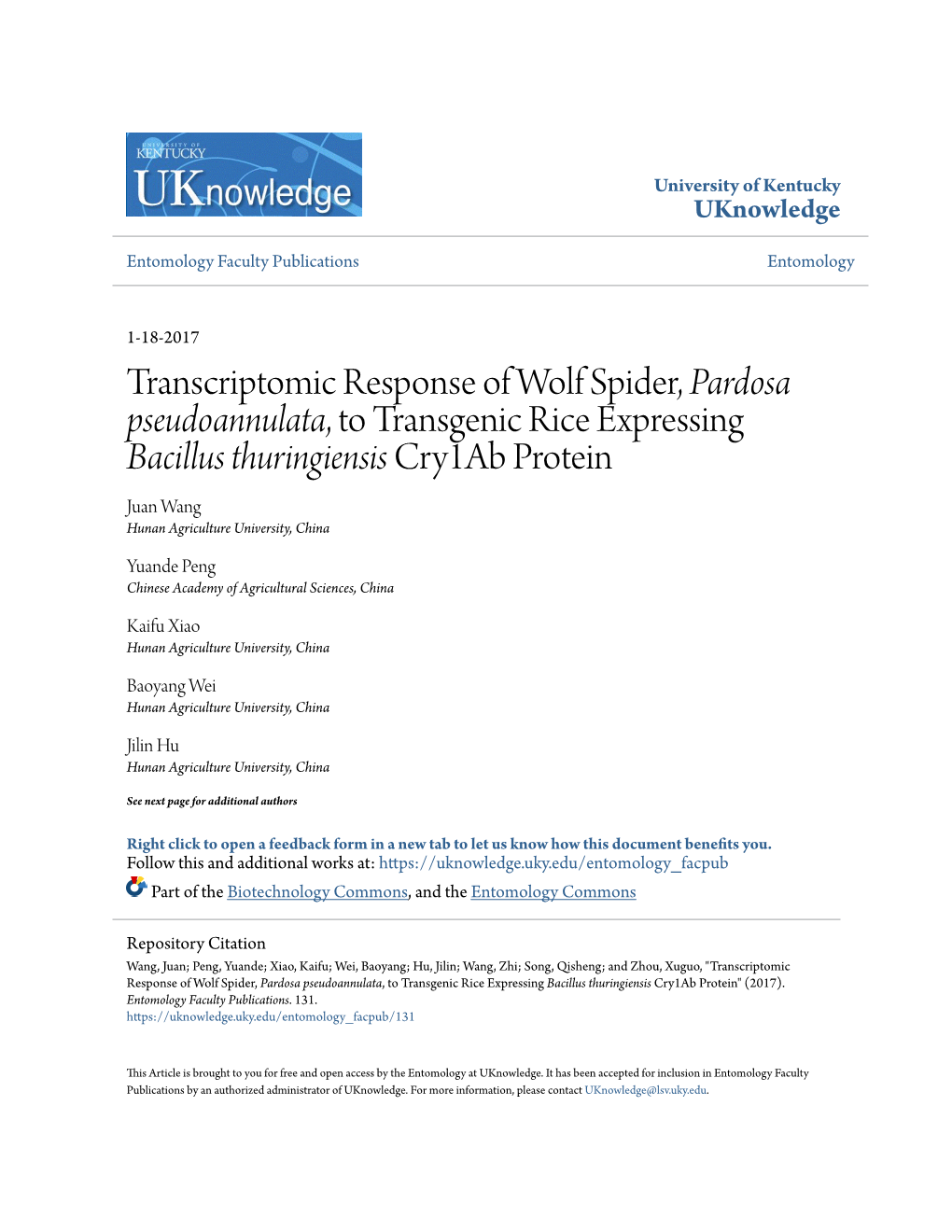 Transcriptomic Response of Wolf Spider, Pardosa Pseudoannulata