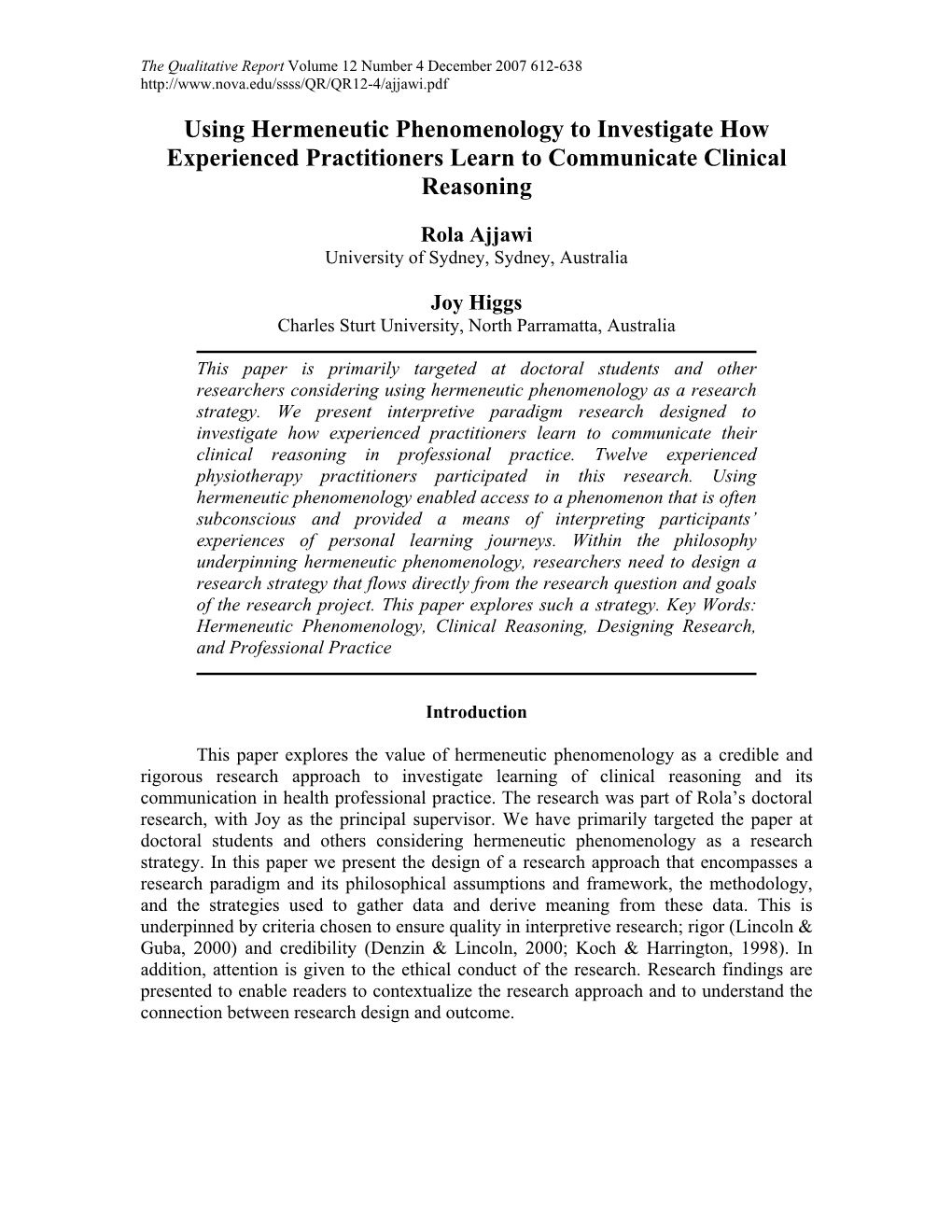 Using Hermeneutic Phenomenology to Investigate How Experienced Practitioners Learn to Communicate Clinical Reasoning