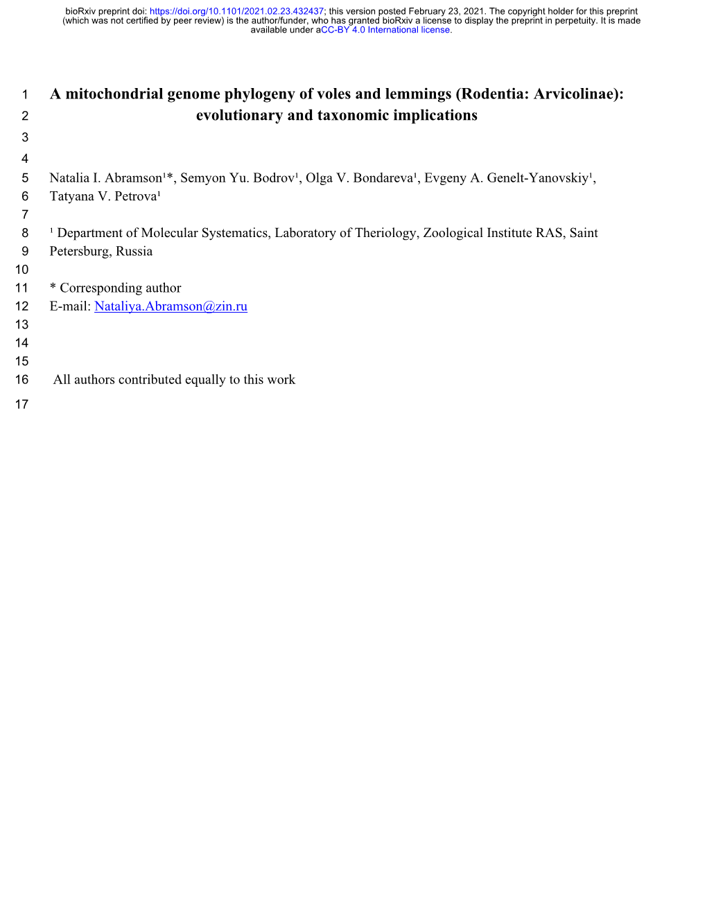 A Mitochondrial Genome Phylogeny of Voles and Lemmings (Rodentia: Arvicolinae): 2 Evolutionary and Taxonomic Implications 3 4 5 Natalia I