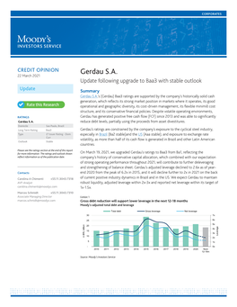 Gerdau S.A. 22 March 2021 Update Following Upgrade to Baa3 with Stable Outlook