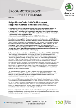 Rallye Monte-Carlo: ŠKODA Motorsport Supported Andreas Mikkelsen Wins WRC2