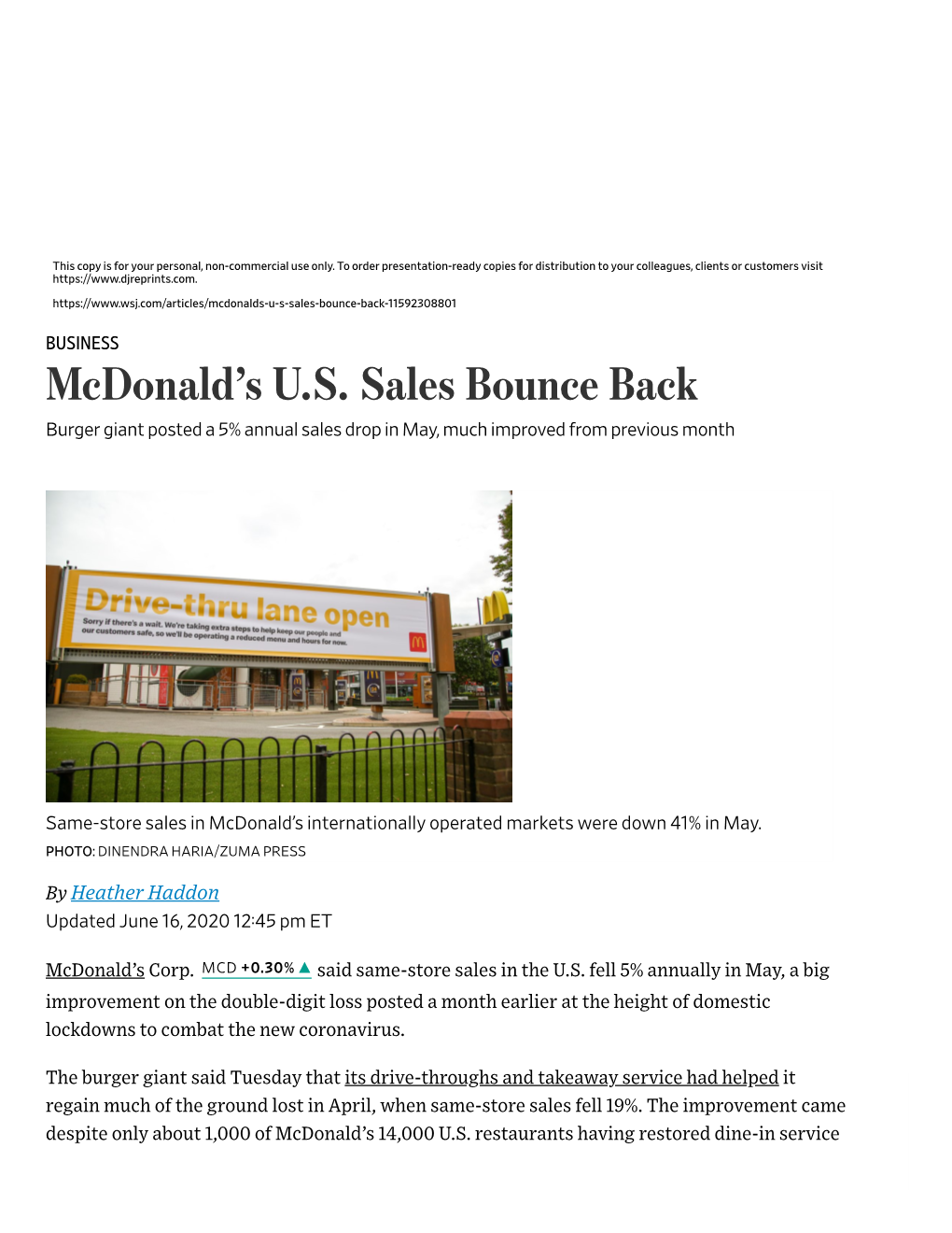 Mcdonald's US Sales Bounce Back