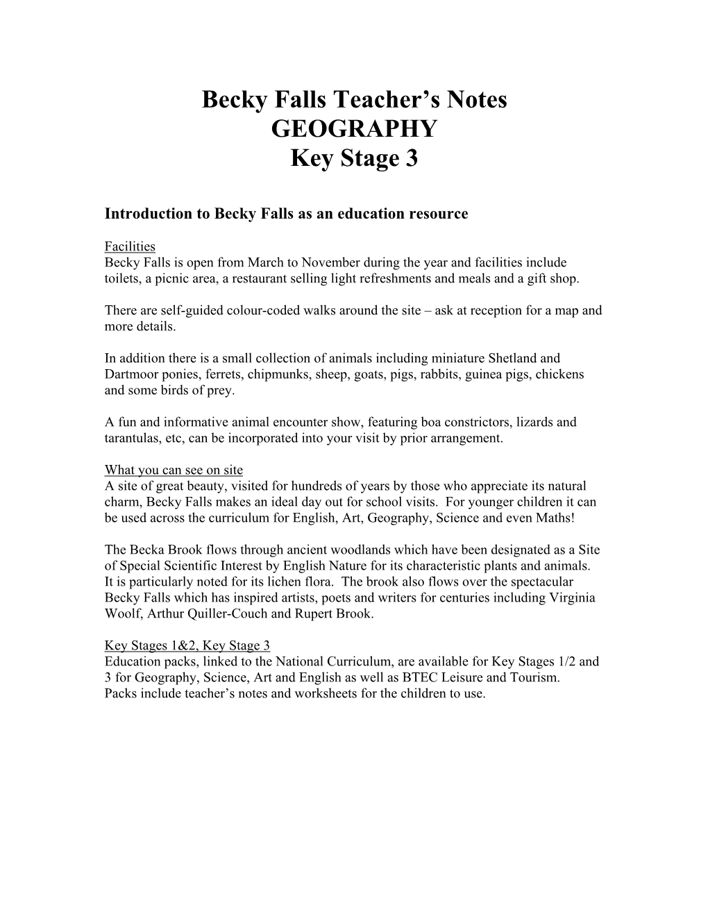Becky Falls Teacher's Notes GEOGRAPHY Key Stage 3