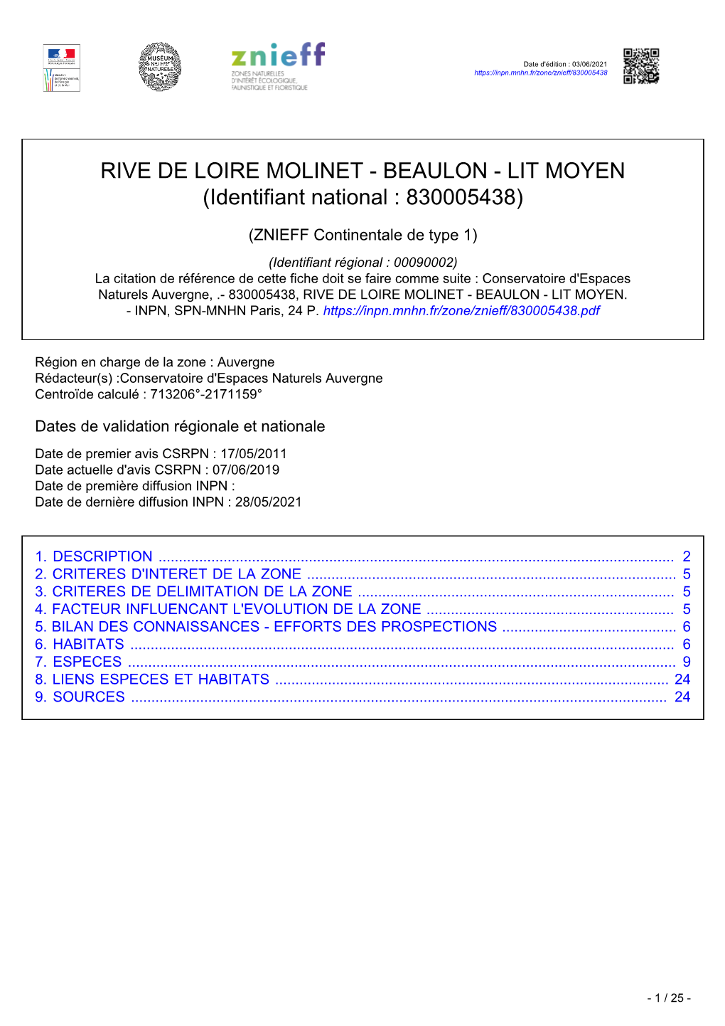 RIVE DE LOIRE MOLINET - BEAULON - LIT MOYEN (Identifiant National : 830005438)