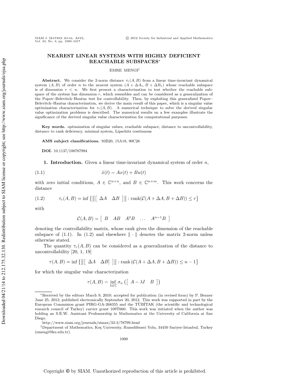 Nearest Linear Systems with Highly Deficient Reachable Subspaces ∗