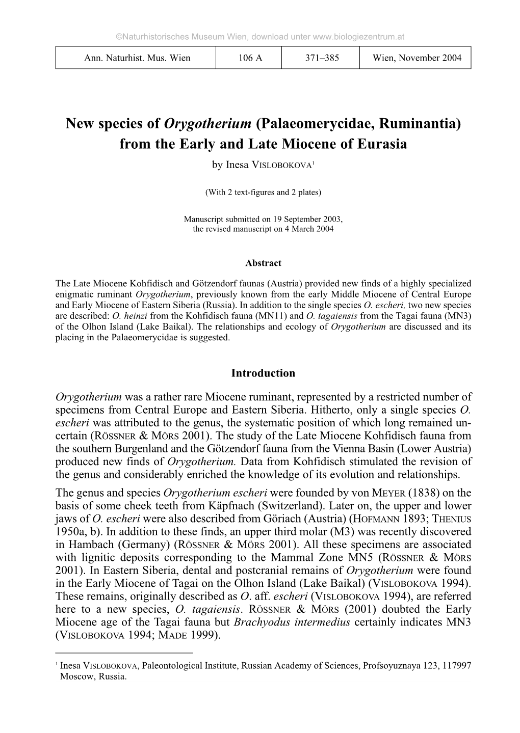 (Palaeomerycidae, Ruminantia) from the Early and Late Miocene of Eurasia by Inesa VISLOBOKOVA1