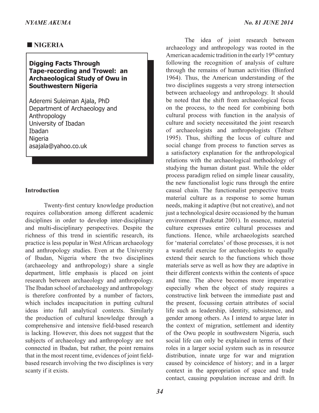 An Archaeological Study of Owu in Southwestern Nigeria