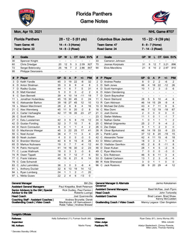 Florida Panthers Game Notes