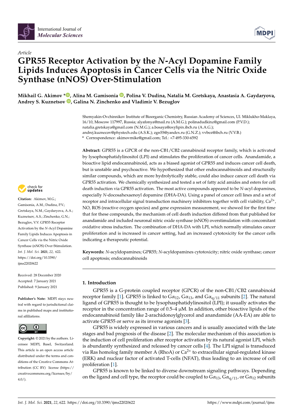 GPR55 Receptor Activation by the N-Acyl Dopamine Family Lipids Induces Apoptosis in Cancer Cells Via the Nitric Oxide Synthase (Nnos) Over-Stimulation