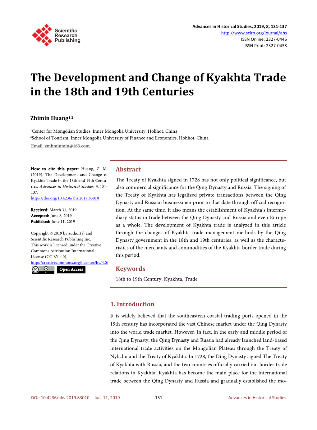 The Development and Change of Kyakhta Trade in the 18Th and 19Th Centuries