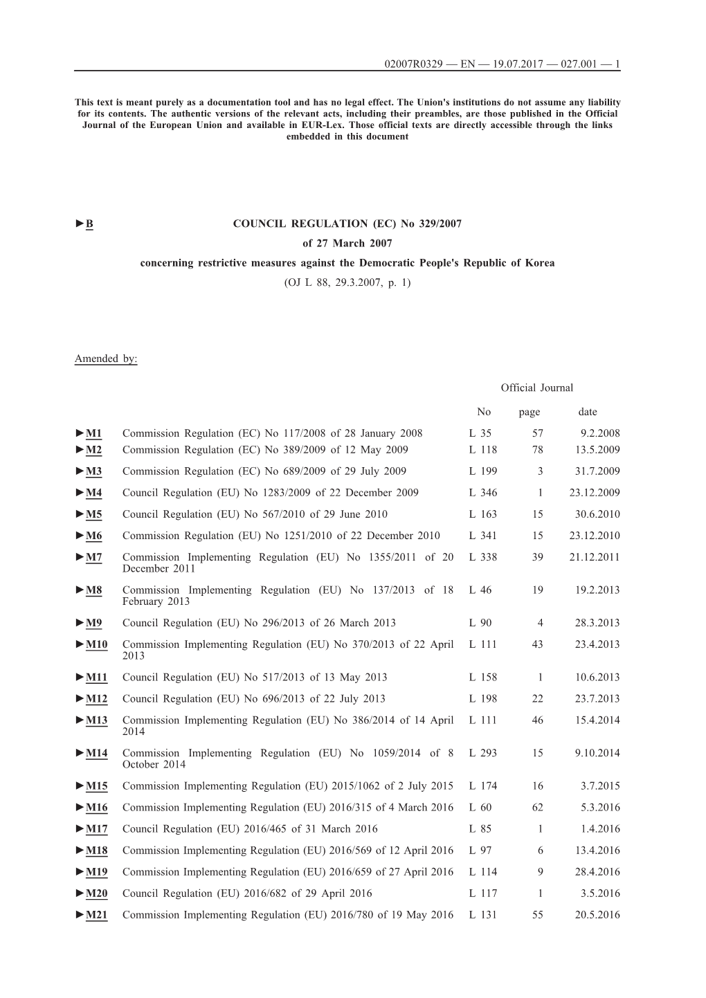 B COUNCIL REGULATION (EC) No 329/2007 of 27 March 2007 Concerning Restrictive Measures Against the Democratic People's Republic of Korea (OJ L 88, 29.3.2007, P