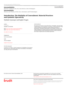 Introduction. the Mediality of Concealment: Material Practices and Symbolic Operativity Nathalie Casemajor and Sophie Toupin