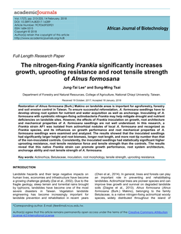 The Nitrogen-Fixing Frankia Significantly Increases Growth, Uprooting Resistance and Root Tensile Strength of Alnus Formosana