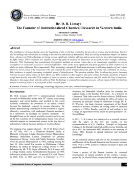 Dr. D. B. Limaye the Founder of Institutionalized Chemical Research in Western India