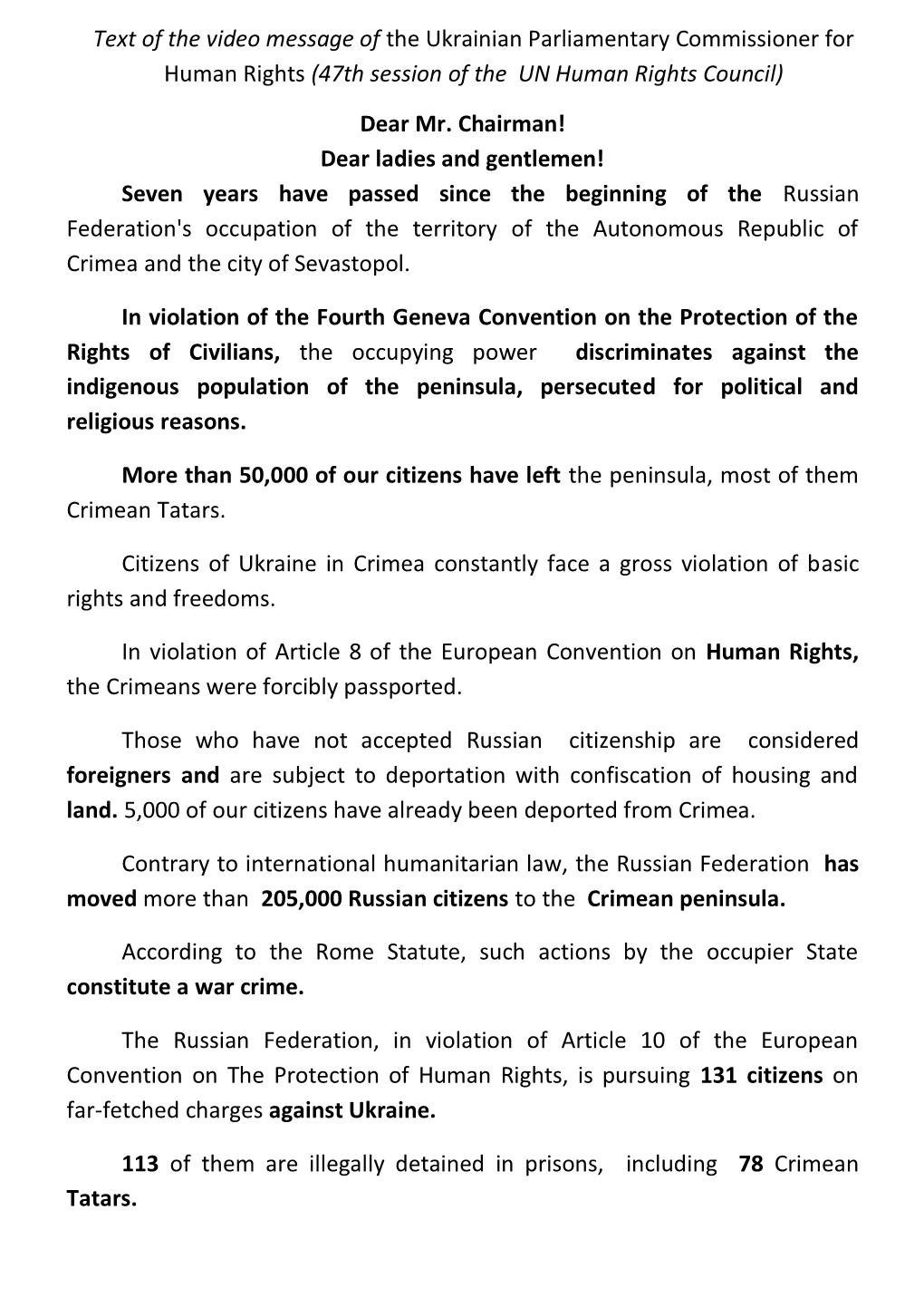 Text of the Video Message of the Ukrainian Parliamentary Commissioner for Human Rights (47Th Session of the UN Human Rights Council)
