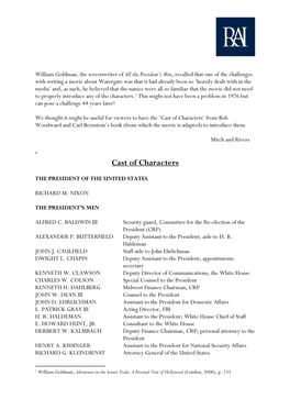 Cast of Characters’ from Bob Woodward and Carl Bernstein’S Book (From Which the Movie Is Adapted) to Introduce Them