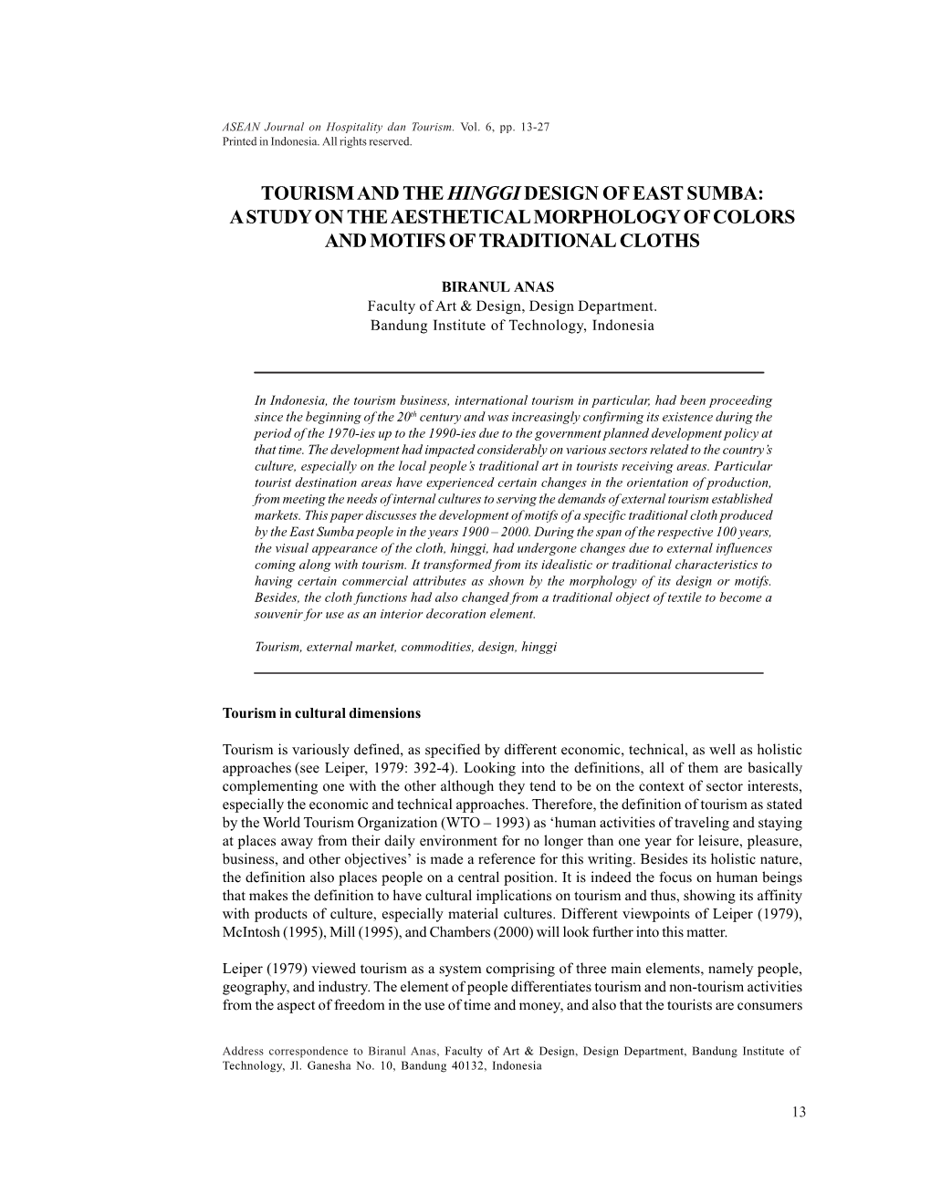 Tourism and the Hinggi Design of East Sumba: a Study on the Aesthetical Morphology of Colors and Motifs of Traditional Cloths