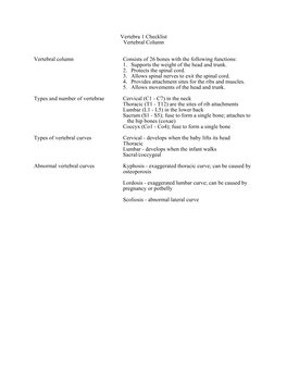 Vertebra 1 Checklist Vertebral Column Vertebral Column Consists of 26