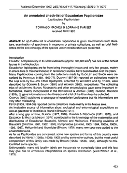 An Annotated Check-List of Ecuadorian Papilionidae (Lepidoptera, Papilionidae) by TOMMASO RACHELI & LORRAINE PARISET Received 18.111.1992