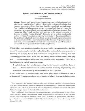 Sellars, Truth Pluralism, and Truth Relativism Lionel Shapiro University of Connecticut