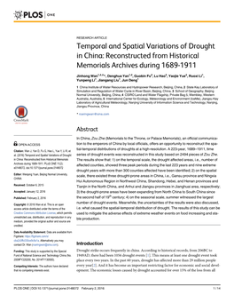 Temporal and Spatial Variations of Drought in China: Reconstructed from Historical Memorials Archives During 1689-1911