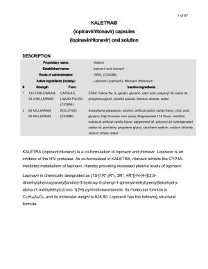 KALETRA® (Lopinavir/Ritonavir) Capsules (Lopinavir/Ritonavir) Oral Solution