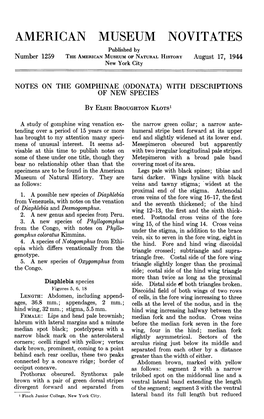 AMERICAN MUSEUM NOVITATES Published by Number 1259 the AMERICAN MUSEUM of NATURAL HISTORY August 17, 1944 New York City