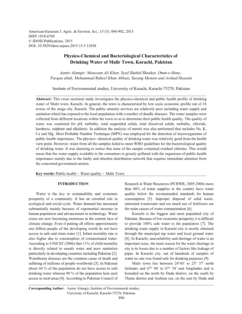 Physico-Chemical and Bacteriological Characteristics of Drinking Water of Malir Town, Karachi, Pakistan