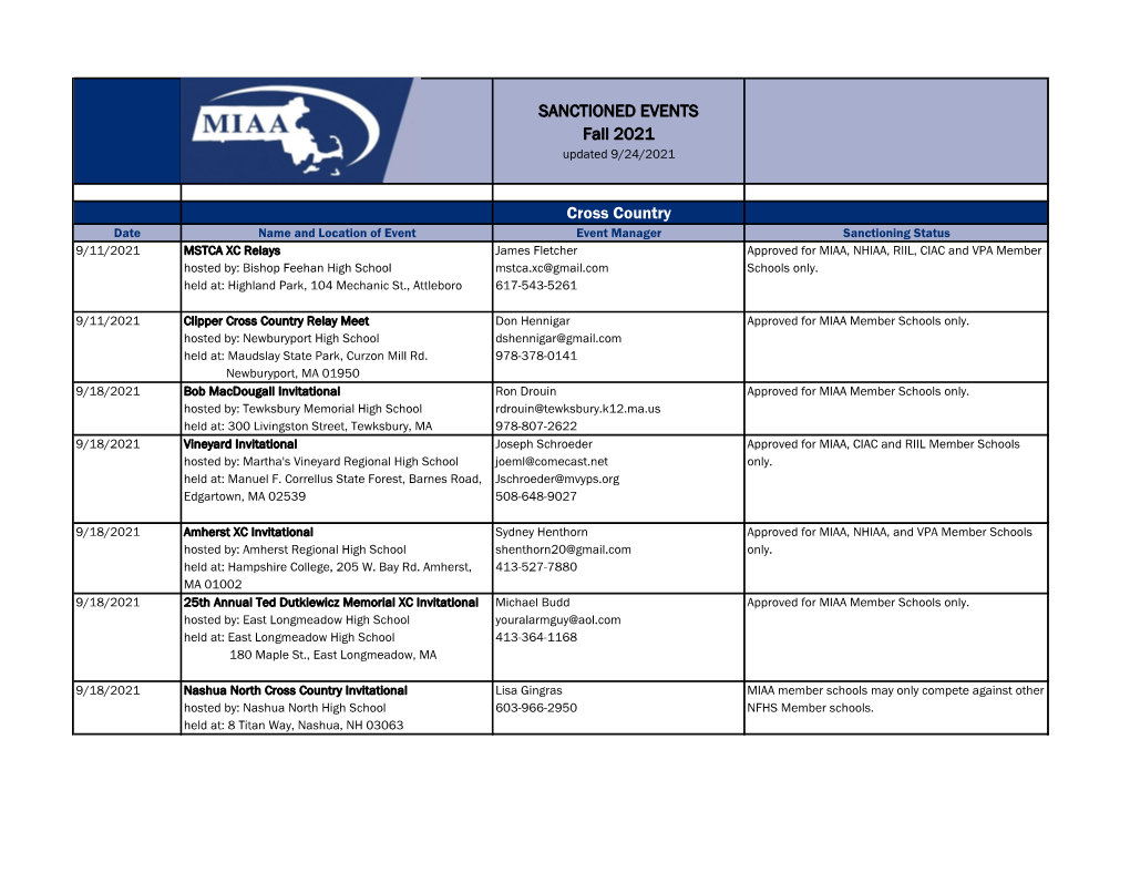 SANCTIONED EVENTS Fall 2021 Cross Country