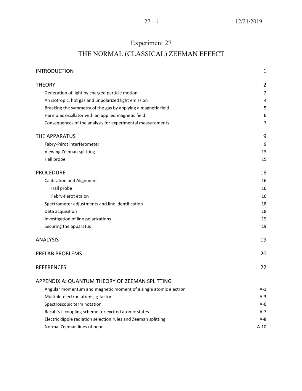 Experiment 27 the NORMAL (CLASSICAL) ZEEMAN EFFECT