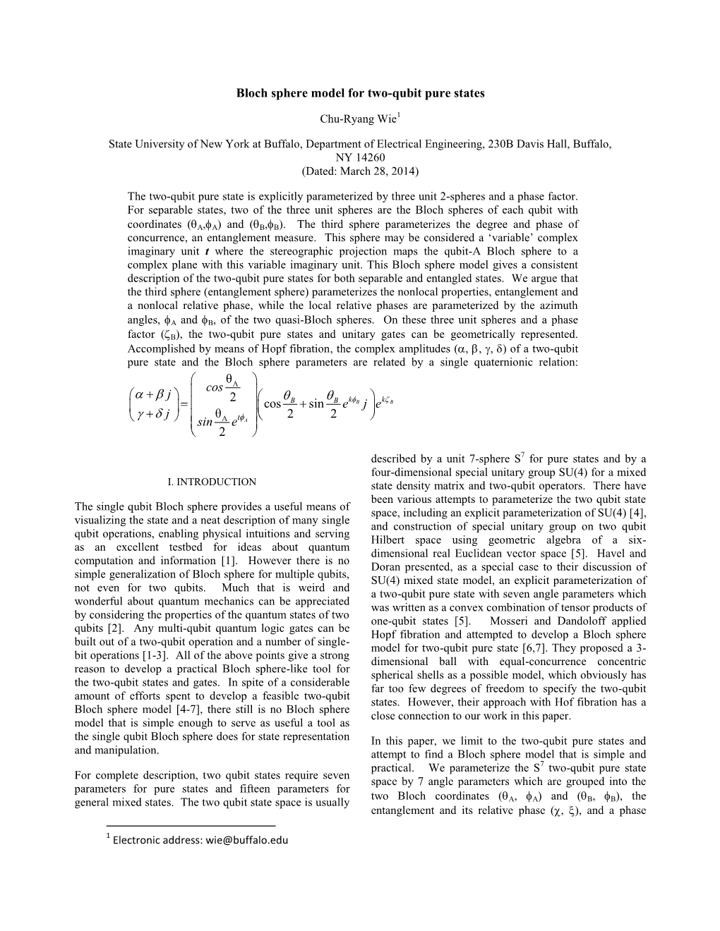 Bloch Sphere Model for Two-Qubit Pure States, C.R.Wie