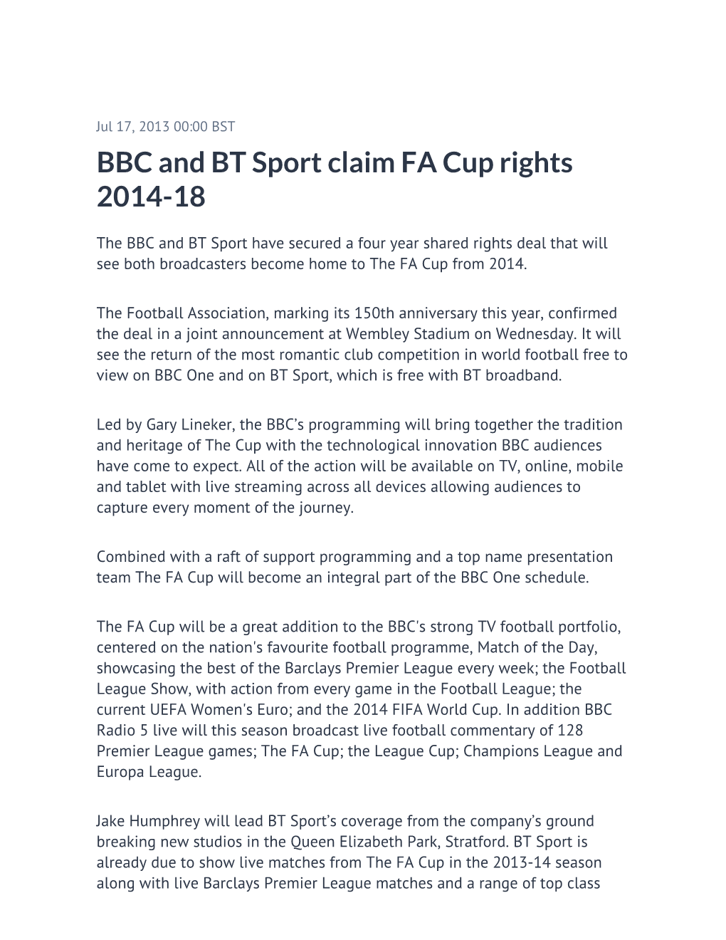 BBC and BT Sport Claim FA Cup Rights 2014-18